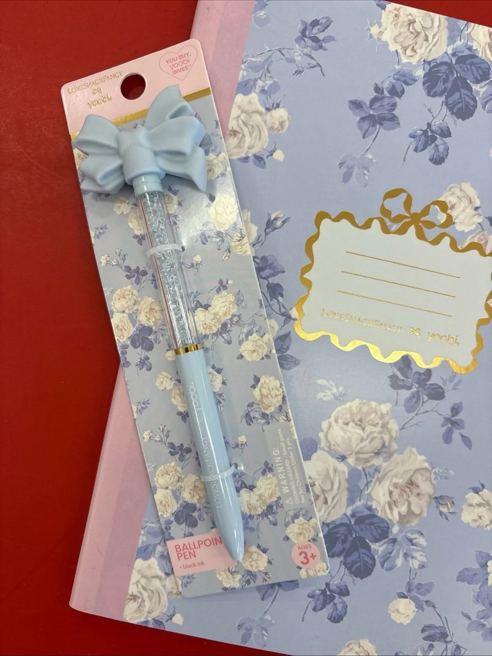LoveShackFancy Light Blue Floral Notebook with Bow Pen Set